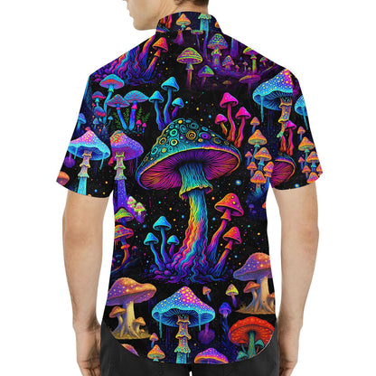 Psychedelic Mushroom Hawaiian Shirt for Men Women Youth, Neon Shrooms Button-Up Shirt Short Sleeve