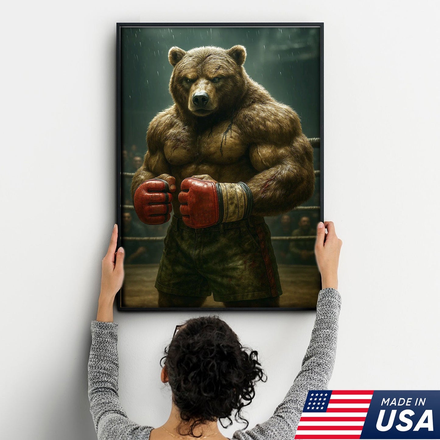 Boxer Bear Canvas Wall Art, Fierce Animal Fighter Artwork, Powerful Strength Decor for Men