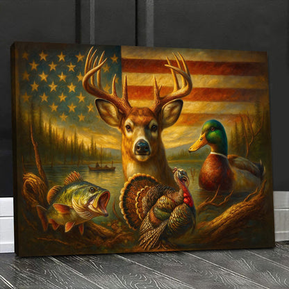 American Flag Hunting Canvas Wall Art – Whitetail Buck, Wild Turkey, Mallard Duck & Largemouth Bass