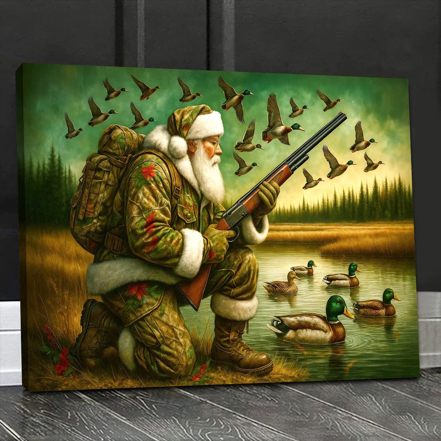 Santa Duck Hunting Canvas Wall Art, Rustic Christmas Cabin Decor, Outdoor Waterfowl Hunter Gift