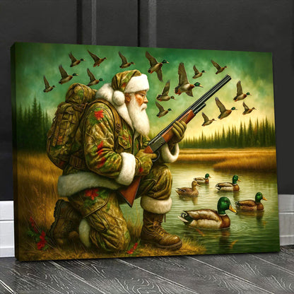 Santa Duck Hunting Canvas Wall Art, Rustic Christmas Cabin Decor, Outdoor Waterfowl Hunter Gift