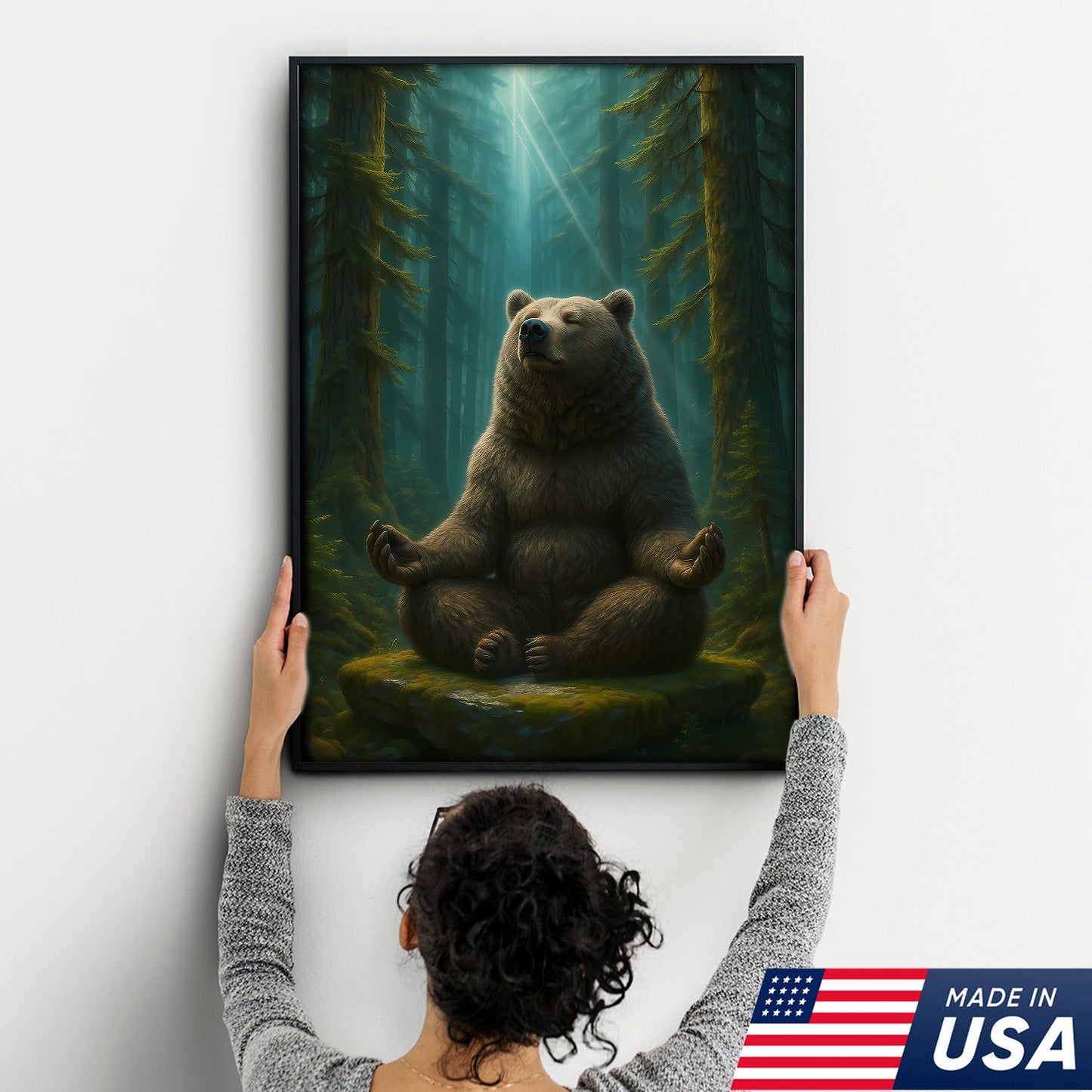 Zen Bear Wall Art – Meditating Bear Canvas for Cabin, Nature Lovers & Rustic Home Decor
