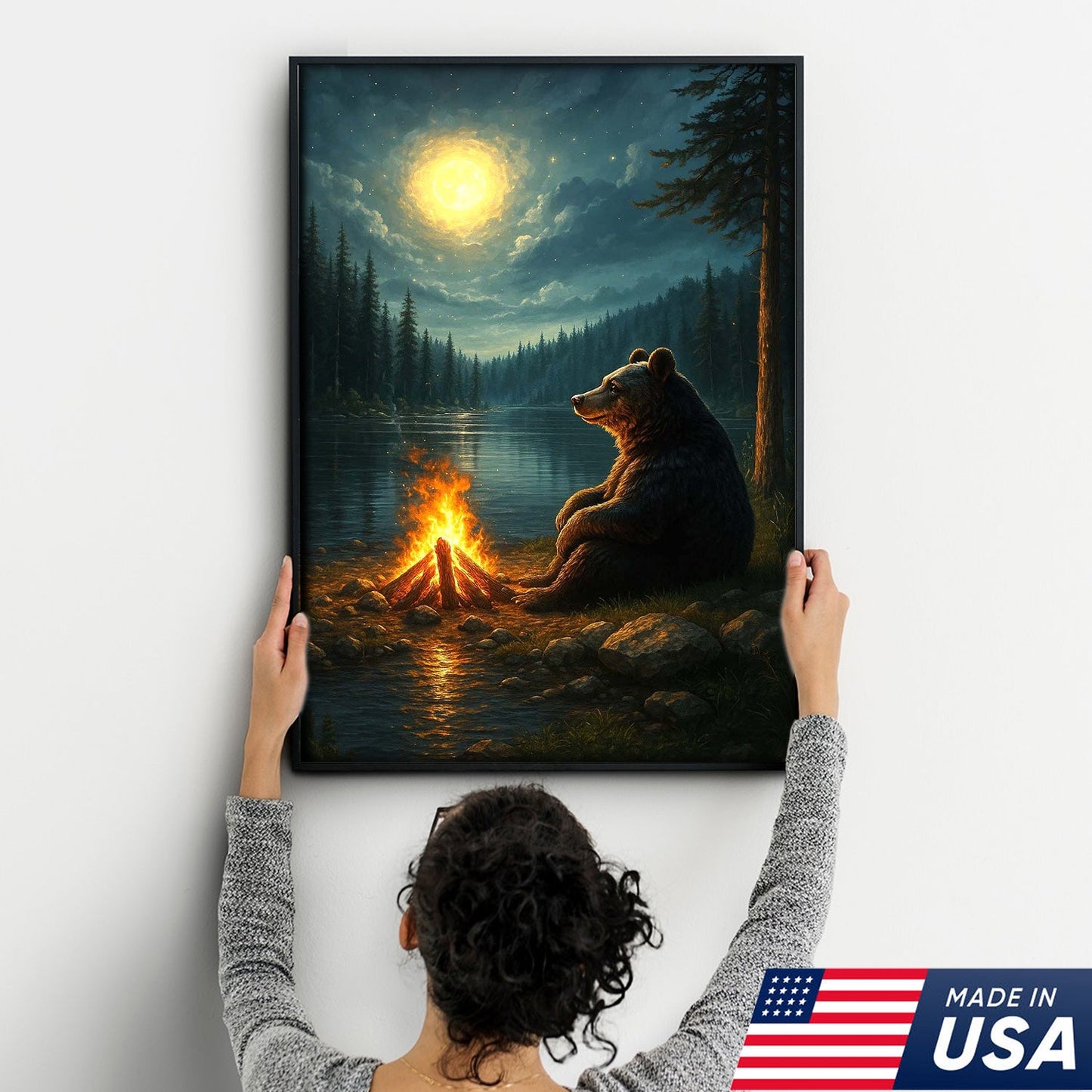 Bear Campfire Night Wall Art Canvas, Cozy Camping Bear by Lake