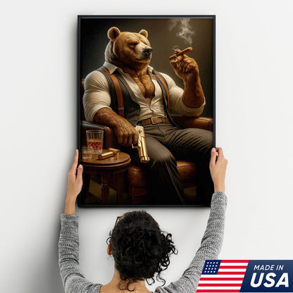 Boss Bear Canvas Wall Art, Stylish Anthropomorphic Animal Portrait, Masculine Power Lounge Decor