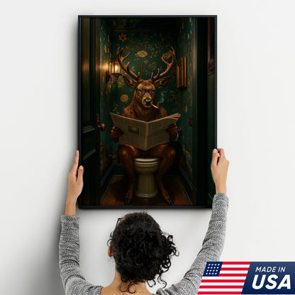 Funny Whitetail Buck Bathroom Canvas – Deer with Glasses Reading Newspaper on Toilet
