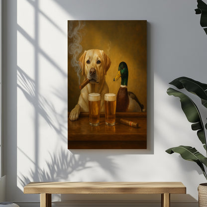 Funny Dog and Duck Beer Painting canvas– Hunting Cabin Wall Art for Men Cave Decor