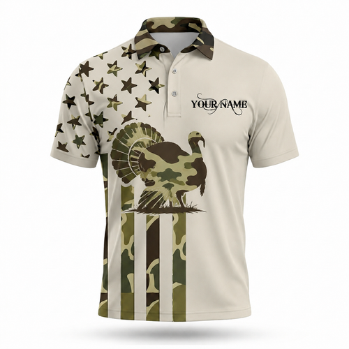 Custom Name Wild Turkey Hunting Camouflage Style Men Polo Shirt