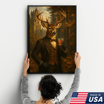 Gentleman Deer Whiskey Canvas Wall Art – Rustic Hunting Lodge & Man Cave Decor