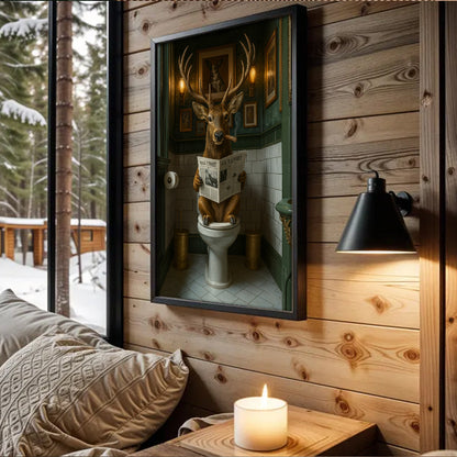 Funny Deer on Toilet Canvas Art – Stylish Animal Wall Art with Smoking and Wall Street Newspaper