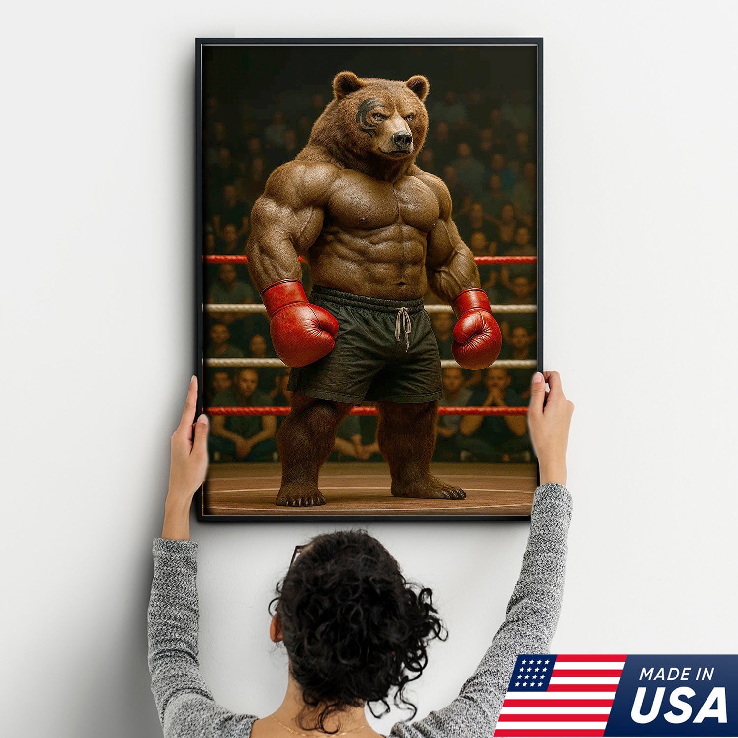 Boxing Bear Canvas Wall Art, Muscular Fighter in Red Gloves, Gym & Man Cave Decor
