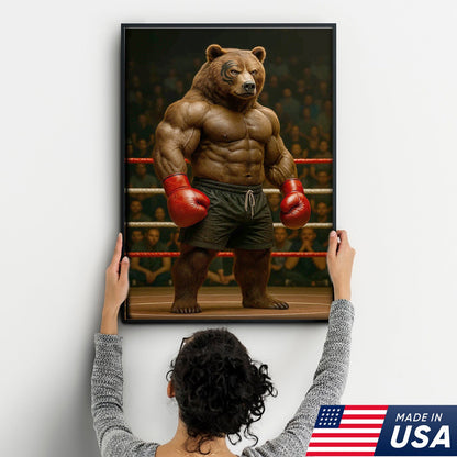 Boxing Bear Canvas Wall Art, Muscular Fighter in Red Gloves, Gym & Man Cave Decor