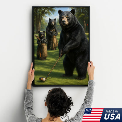 Funny Bear Golf Canvas – Rustic Cabin Wall Art Gift for Hunters, Golf Lovers & Man Caves