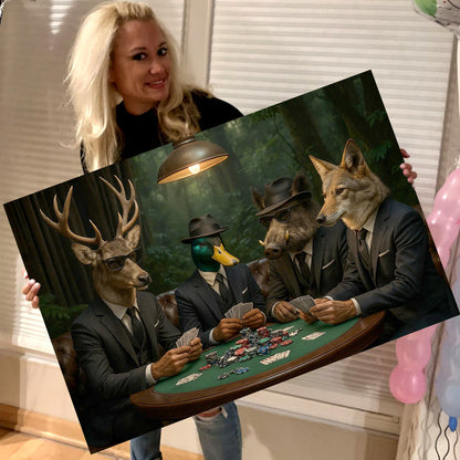Hunter Animals Playing Poker Canvas - Deer, Duck, Boar & Coyote Poker Print