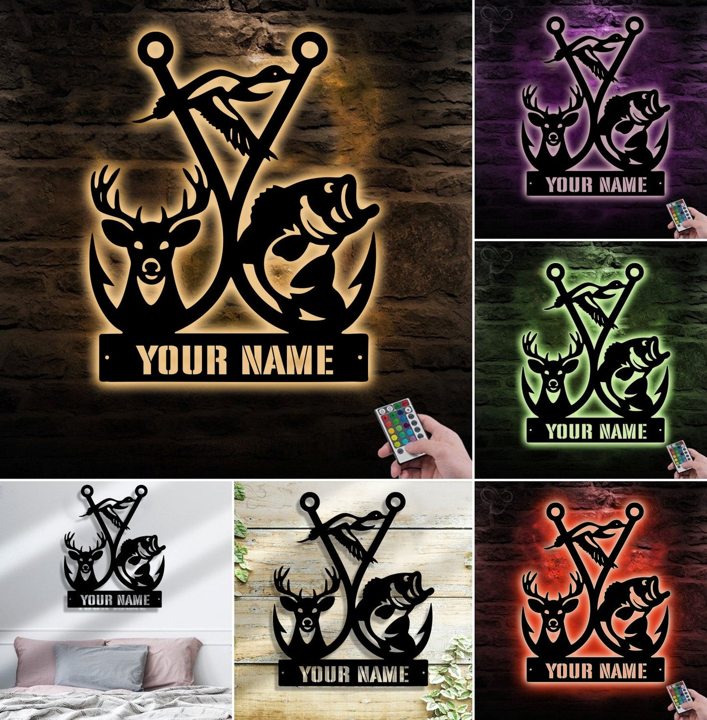 Personalized Hunting Fishing Metal Sign WITH LED/WITHOUT LED, Deer Duck Bass Wall Decor