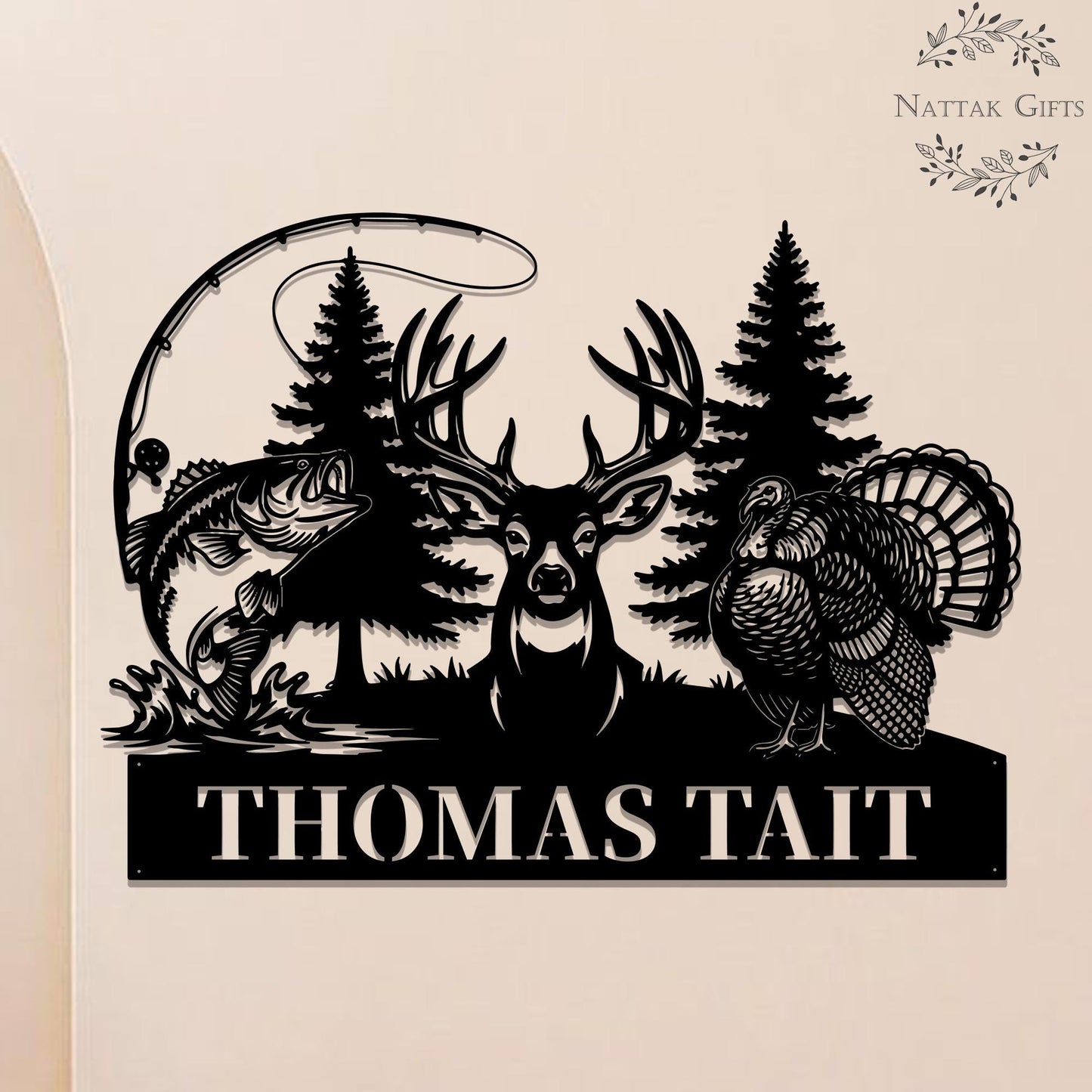 Personalized Hunting Name Metal Sign, Custom Deer Turkey & Bass Fishing Wall Art