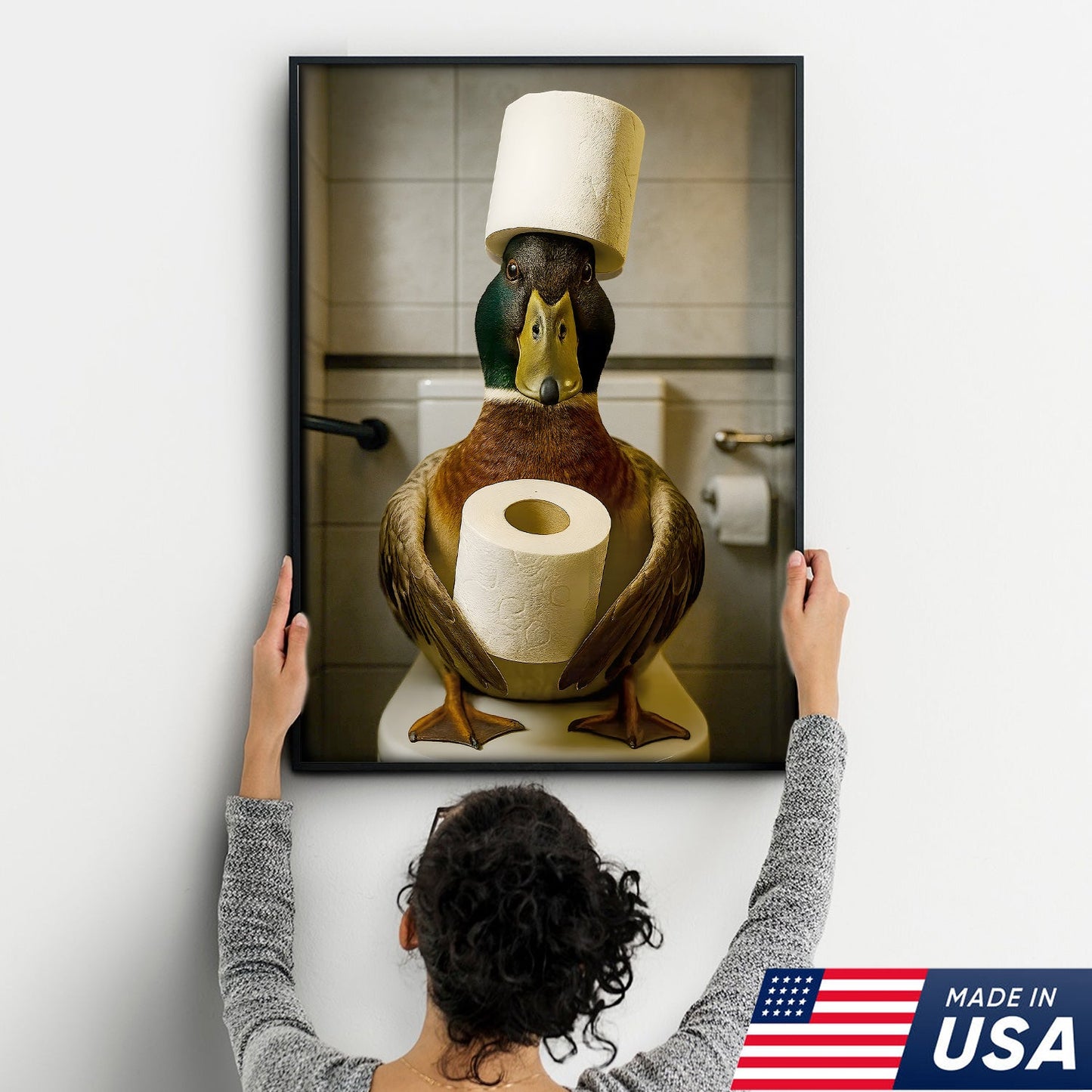 Funny Duck Bathroom Canvas Wall Art – Rustic Toilet Canvas for Cabin, Lodge & Man Cave Decor