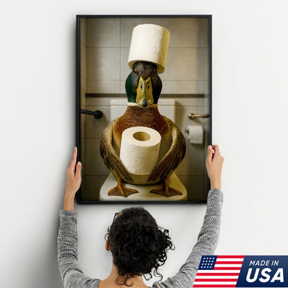 Funny Duck Bathroom Canvas Wall Art – Rustic Toilet Canvas for Cabin, Lodge & Man Cave Decor