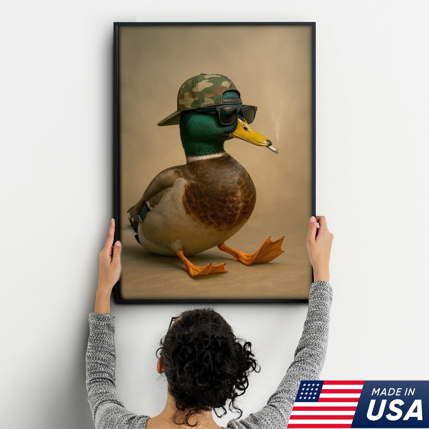 Cool Mallard Duck with Camo Hat Wall Art – Funny Hunting Canvas Print