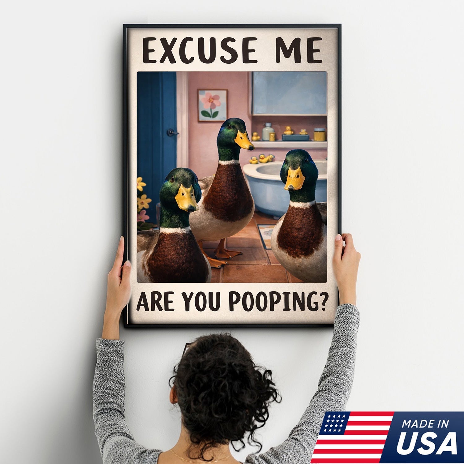 Funny Duck Bathroom Canvas Wall Art, Excuse Me Are You Pooping Quote Print