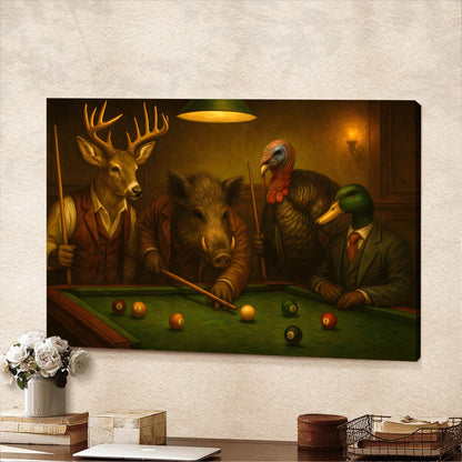 Hunter’s Billiard Crew Canvas Wall Art – Deer, Boar, Duck & Turkey Playing Pool – Rustic Hunting Cave