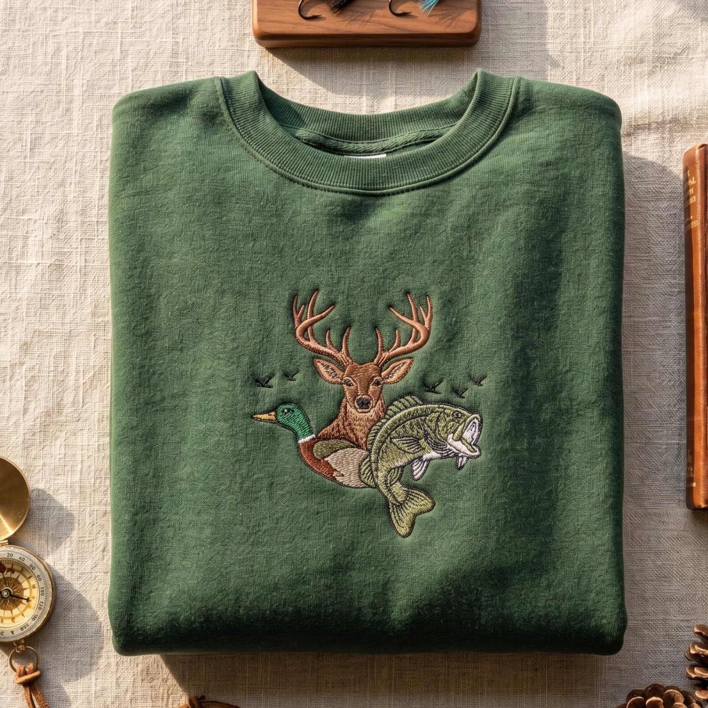 Embroidered Deer Duck Fish Sweatshirt, Hunting and Fishing Crewneck