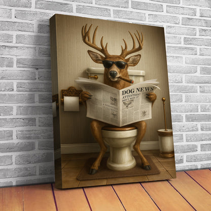 Funny Deer on Toilet Canvas – Hilarious Animal Art Print with SunGlasses and Smoking Reading Newspaper.