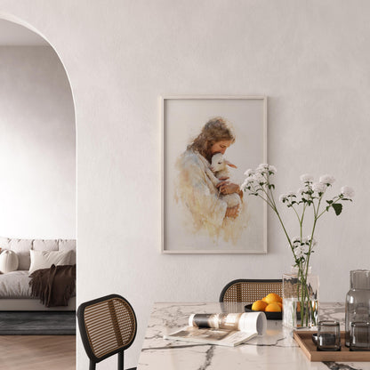 Jesus Holding Lamb Watercolor Print, Christian Wall Art