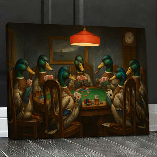 Funny Ducks Playing Poker Canvas Wall Art – Rustic Wildlife Game Night Decor