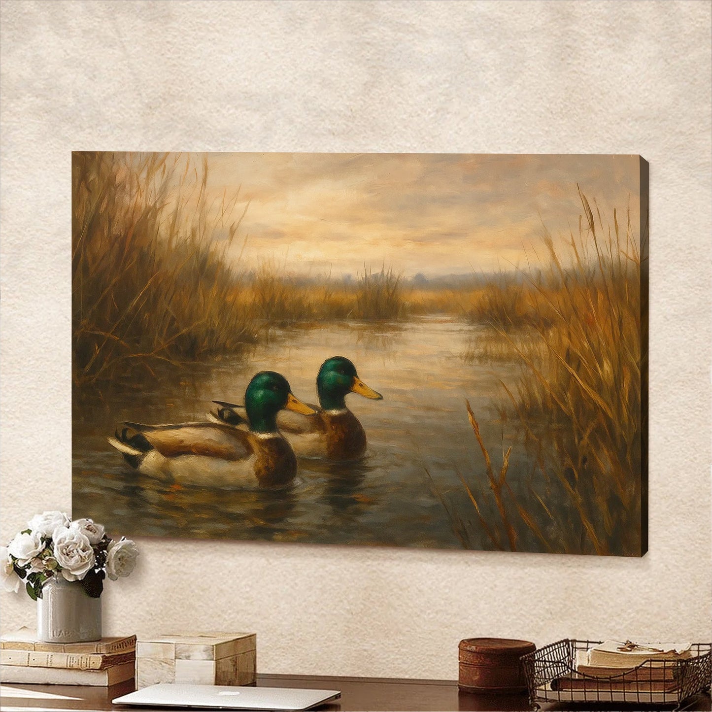 Mallard Duck Wall Art Canvas – Hunting Lodge & Cabin Decor - Rustic Waterfowl Painting