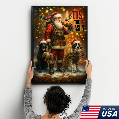 Rustic Christmas Hunting Canvas Art - Santa with Hunting Dogs and Ducks Holiday Wall Decor