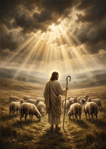 Jesus Good Shepherd Canvas Art, Christian Religious Oil Painting Print