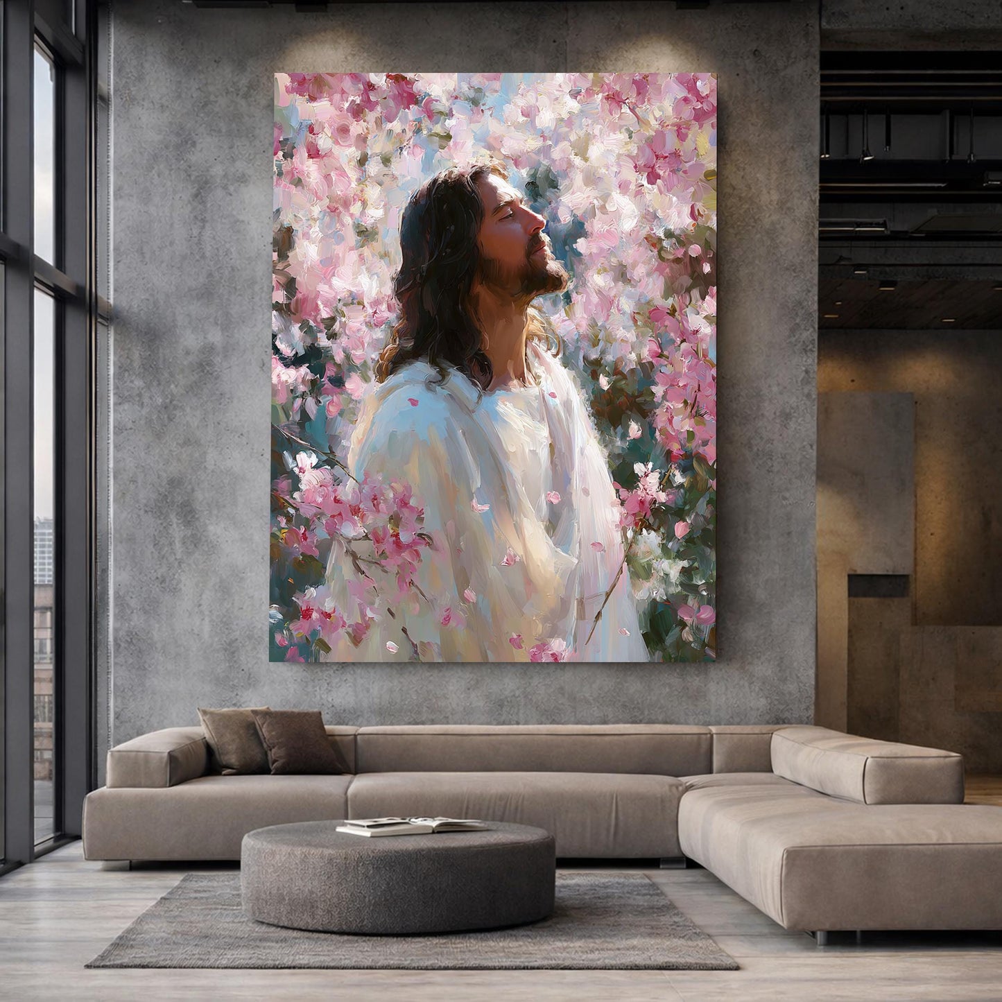 Jesus Canvas Wall Art, Christian Floral Painting, Religious Home Decor