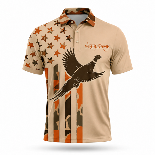 Custom Name Upland Pheasant Hunting Camouflage Style Men Polo Shirt