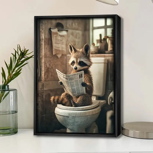 Raccoon Reading Newspapers on Toilet Framed Canvas