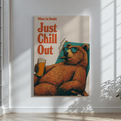 Just Chill Out Bear Canvas – Funny Rustic Cabin Wall Art for Hunters & Beer Lovers