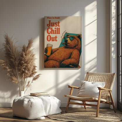 Just Chill Out Bear Canvas – Funny Rustic Cabin Wall Art for Hunters & Beer Lovers
