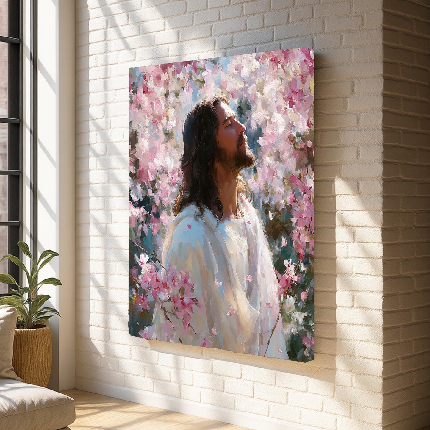 Jesus Canvas Wall Art, Christian Floral Painting, Religious Home Decor