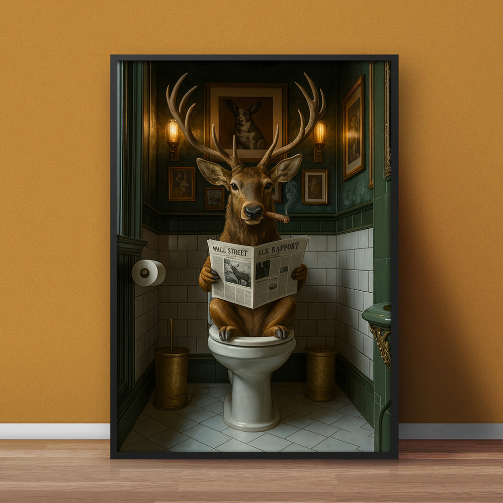 Funny Deer on Toilet Canvas Art – Stylish Animal Wall Art with Smoking and Wall Street Newspaper