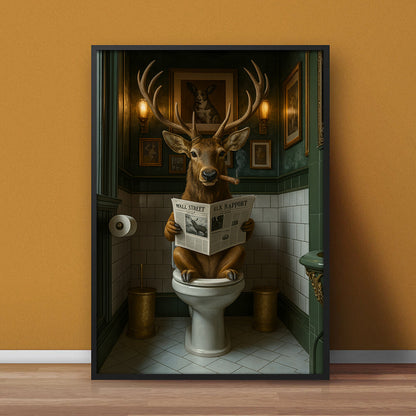 Funny Deer on Toilet Canvas Art – Stylish Animal Wall Art with Smoking and Wall Street Newspaper