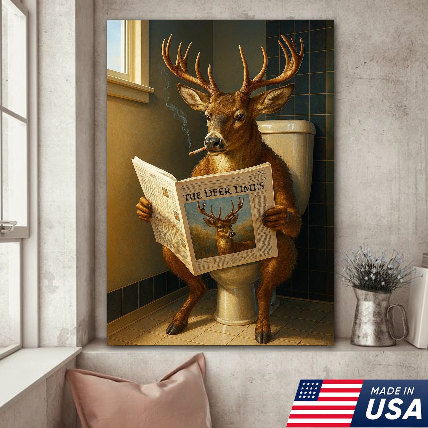 Funny Deer Canvas Wall Art – Buck Reading Newspaper on Toilet – Whitetail Deer Bathroom