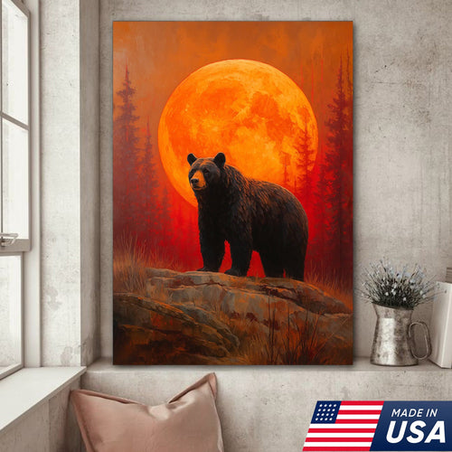 Bear Canvas Wall Art – Majestic Black Bear with Fiery Orange Full Moon