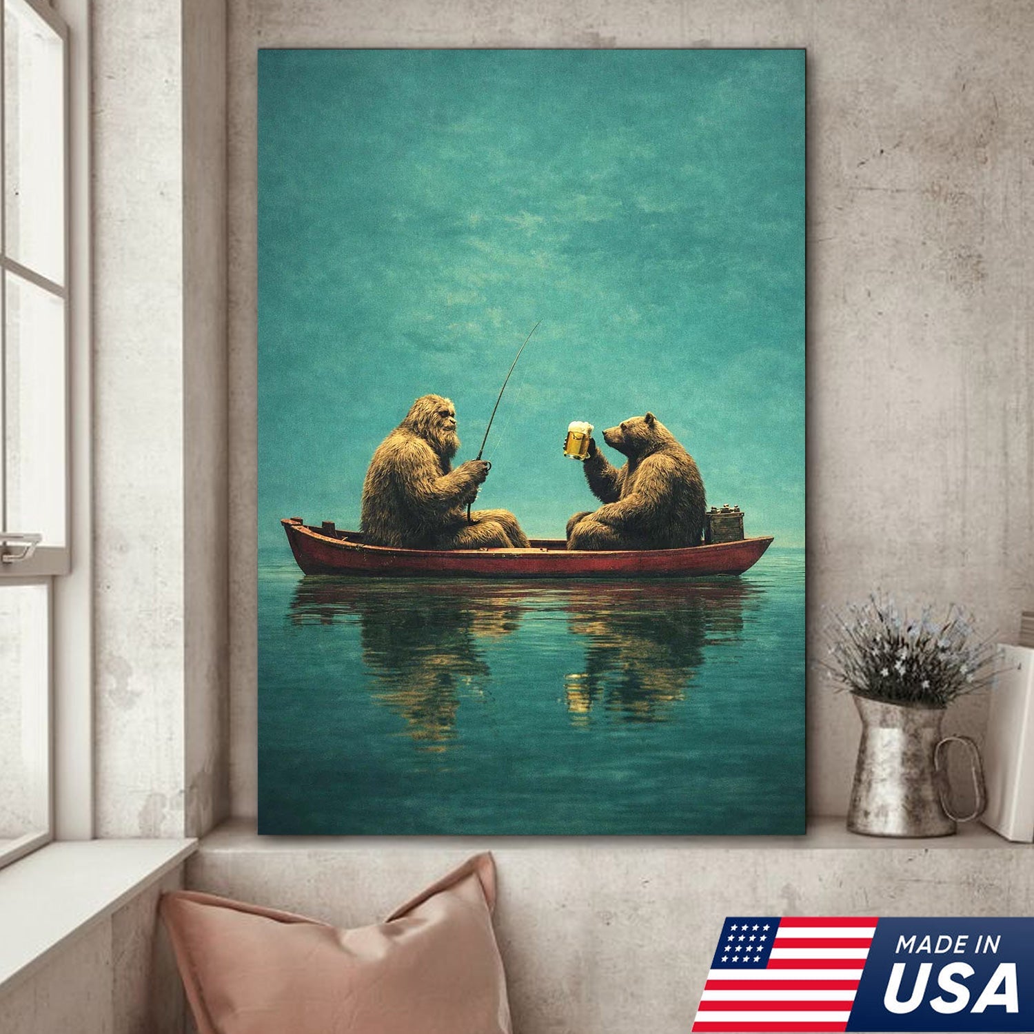 Whimsical Bear Fishing Canvas Wall Art, Surreal Animal Friendship Painting