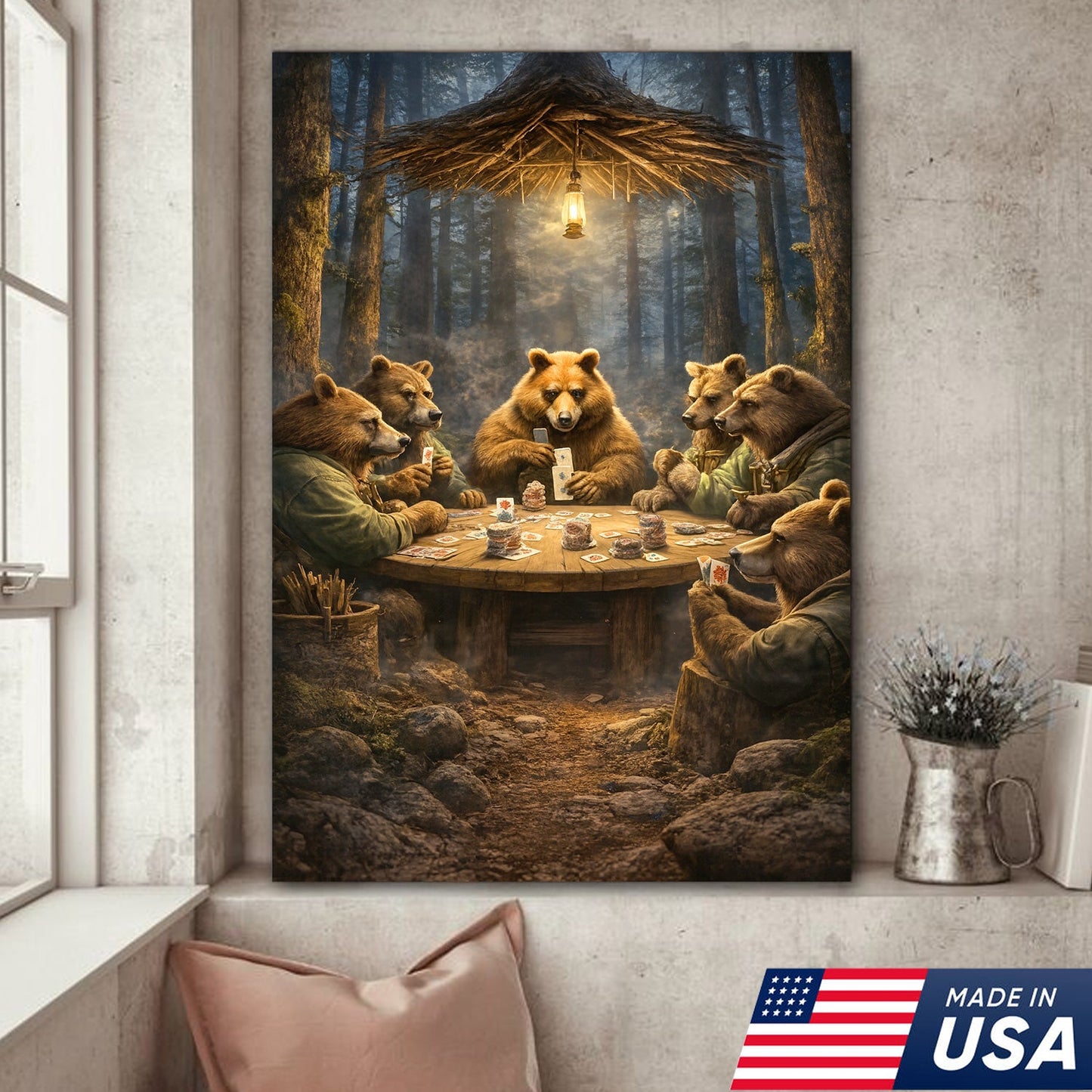 Funny Bear Poker Night Wall Art Canvas – Rustic Forest Animal Card Game Canvas Decor