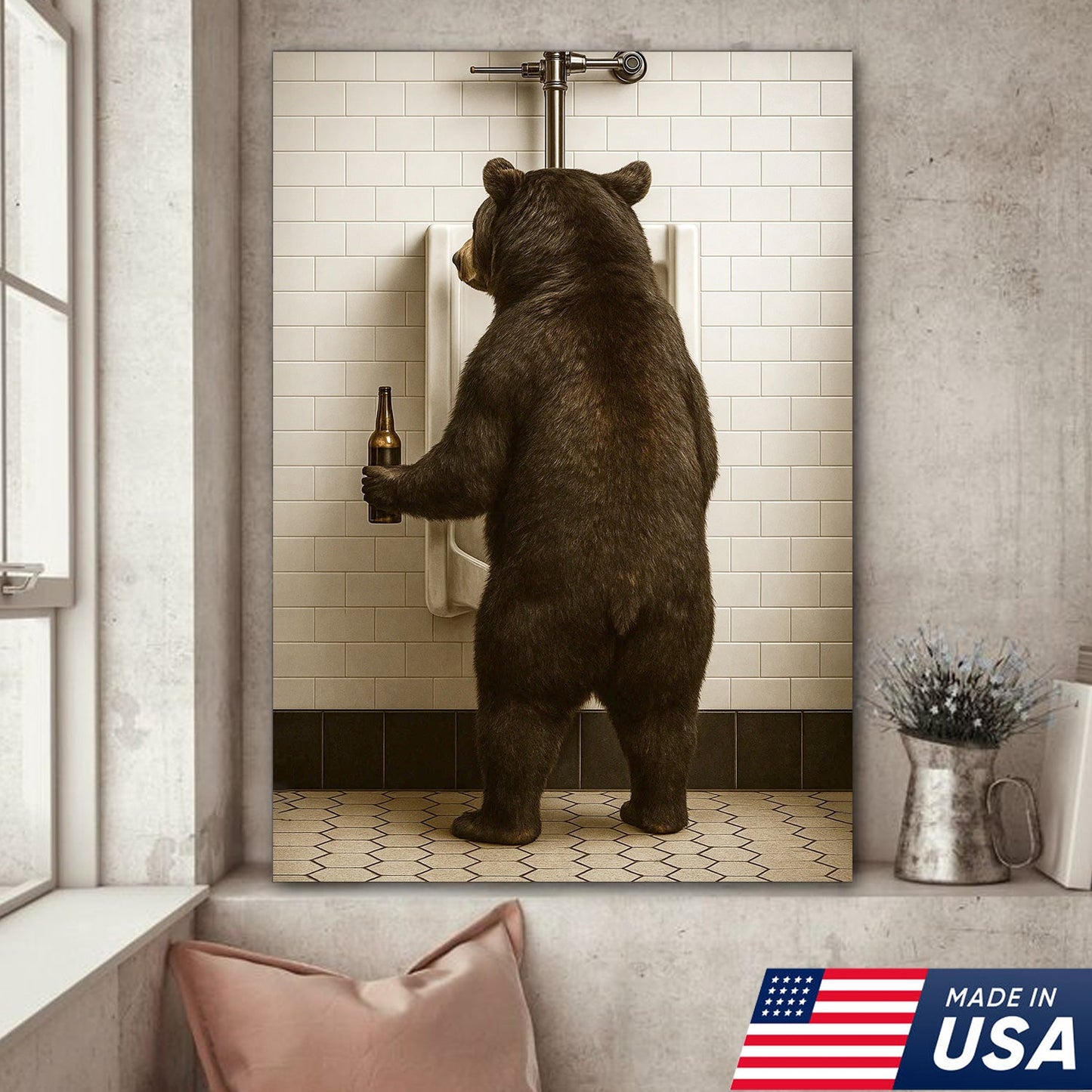Funny Black Bear Canvas Wall Art – Hilarious Bathroom Humor Decor – Rustic Cabin Lodge Gag Gift