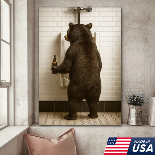Funny Black Bear Canvas Wall Art – Hilarious Bathroom Humor Decor – Rustic Cabin Lodge Gag Gift