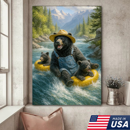 Bear River Adventure Canvas Wall Art – Cute Bear Family Wall Decor for Cabin & Nature Lovers