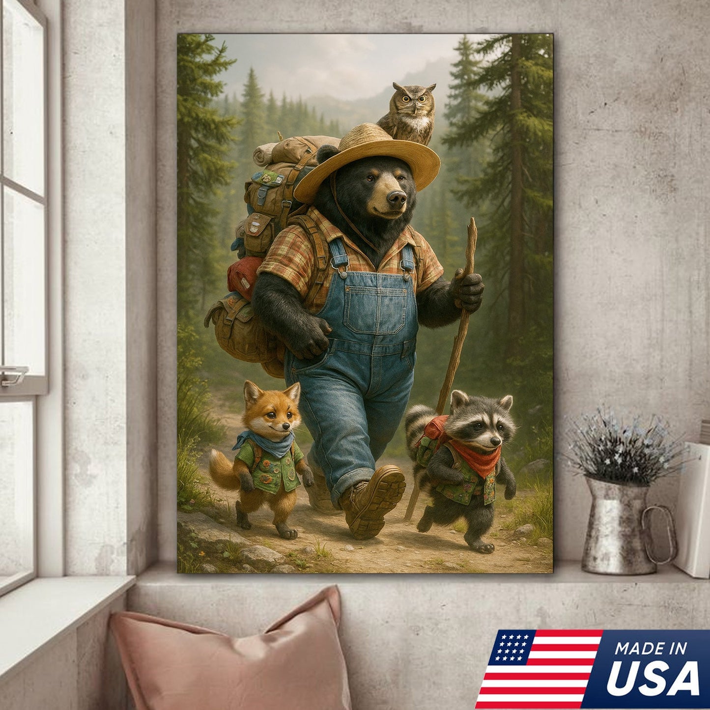 Bear Hiking Adventure Canvas Art – Cute Woodland Animal Wall Decor for Cabin & Home