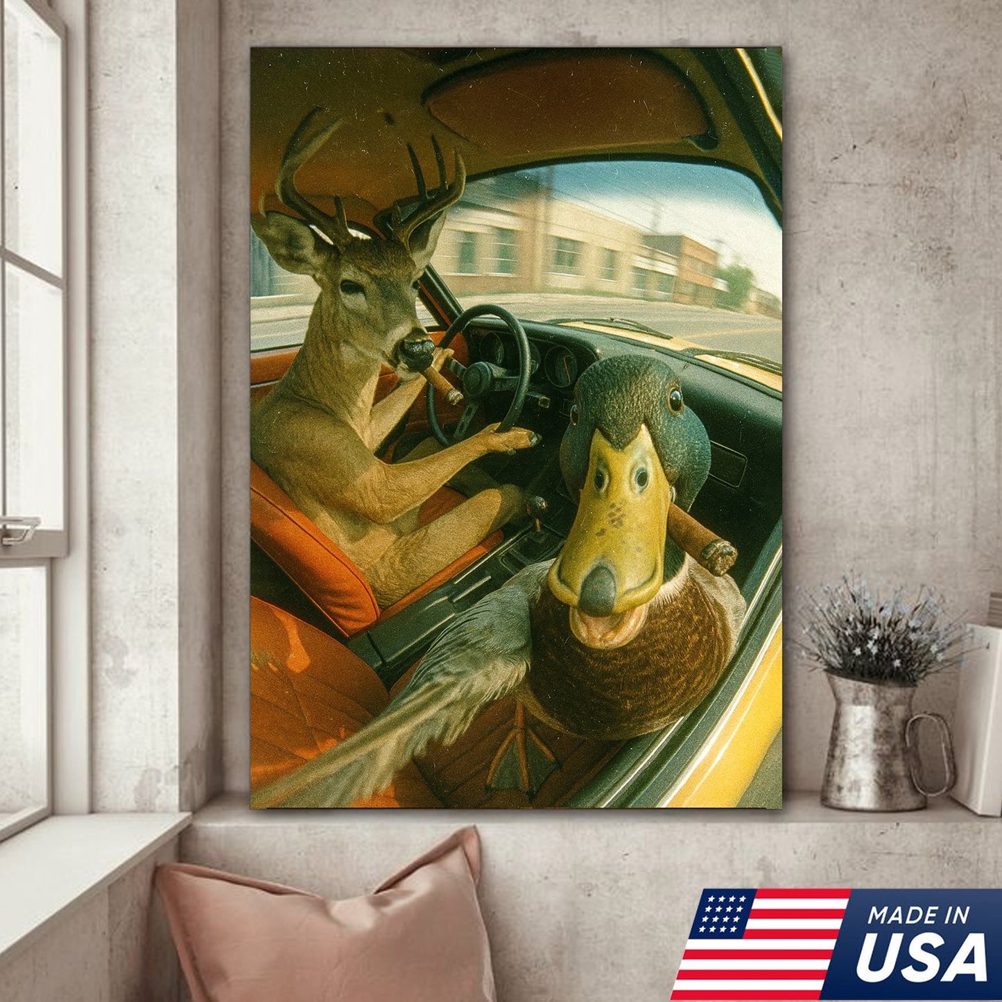 Wild Road Trip Canvas Wall Art – Deer & Duck Adventure Scene – Quirky Rustic Cabin Decor