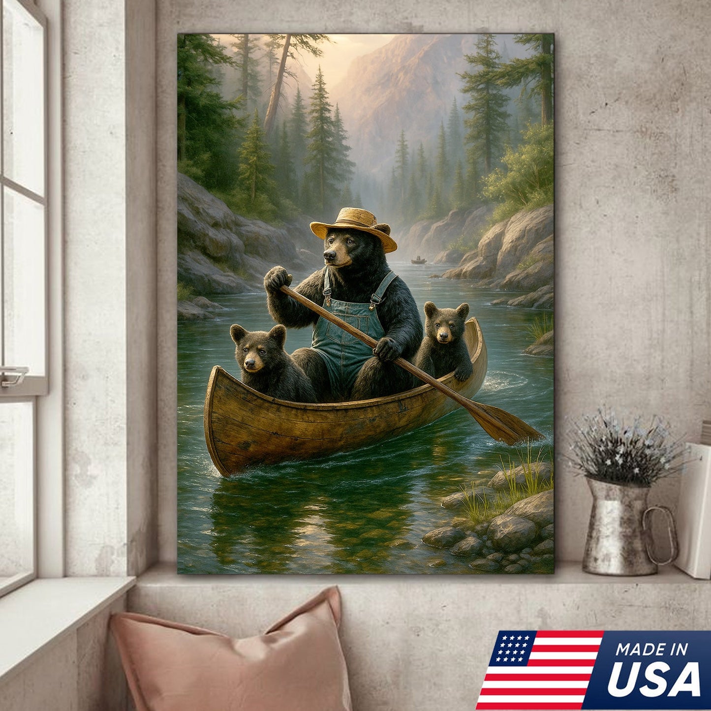 Bear Family Canoe Adventure Canvas Wall Art – Rustic Wildlife Wall Decor for Cabin & Home