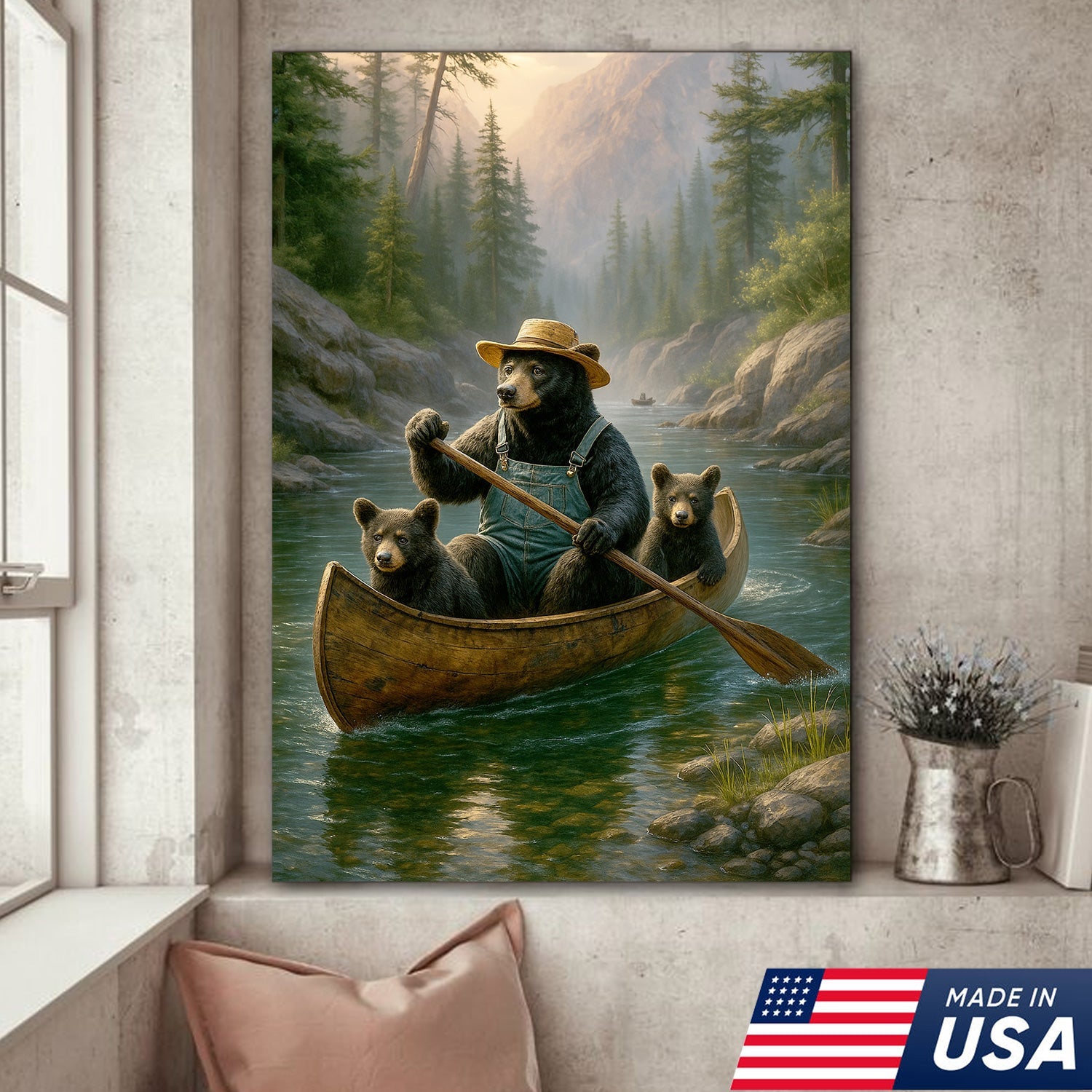 Bear Family Canoe Adventure Canvas Wall Art – Rustic Wildlife Wall Decor for Cabin & Home